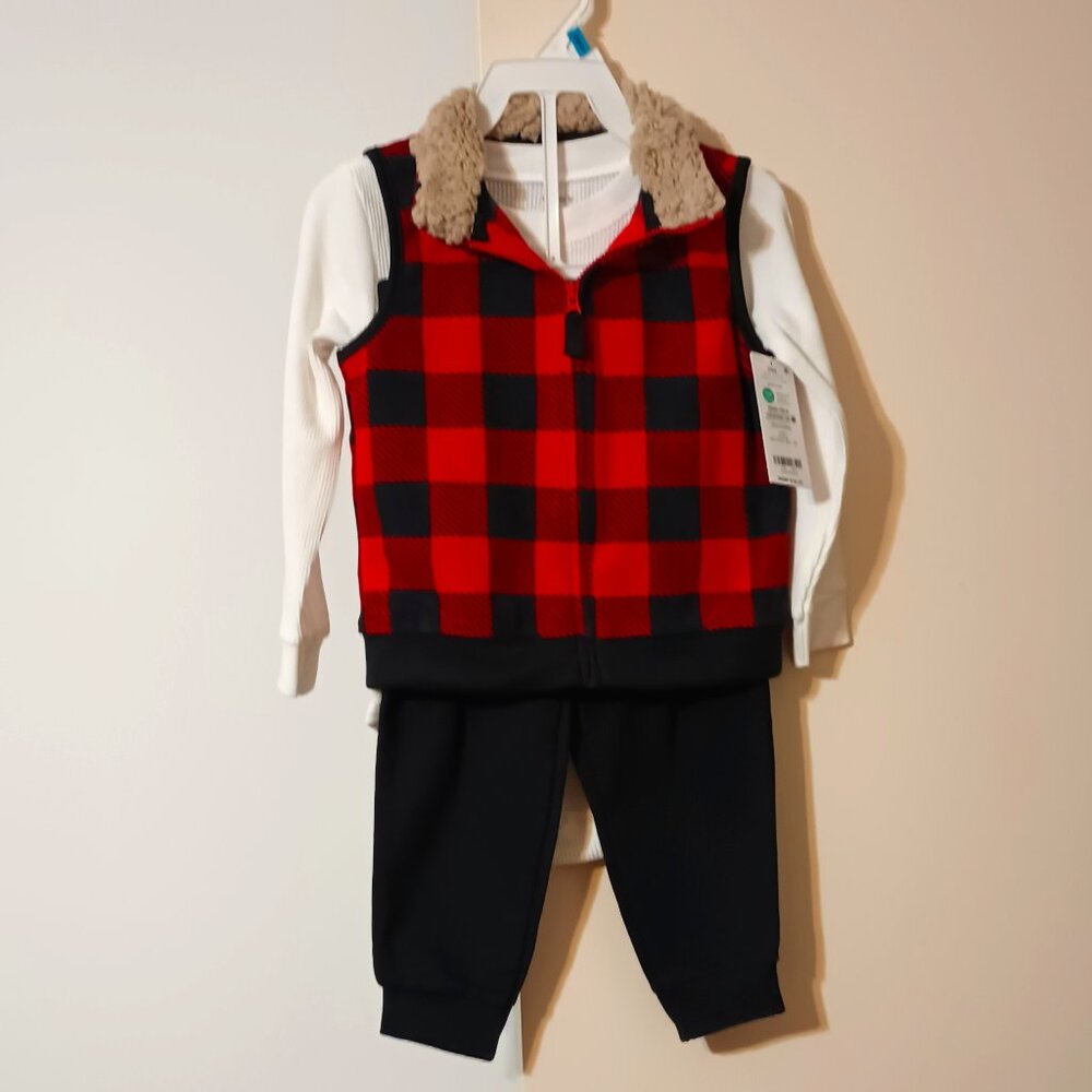 NWT ~ Carter's Baby Boys' Red Buffalo Plaid Vest 3-Piece Set (Size: 24 Months)